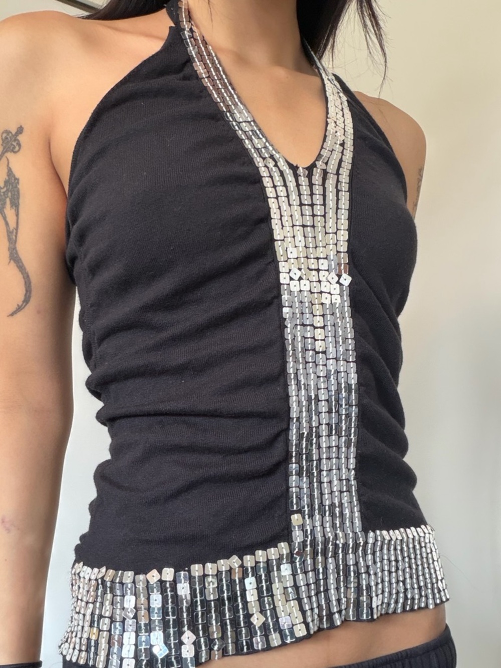 SEDUCTIONS Black Halter Top with Silver Sequin Trim